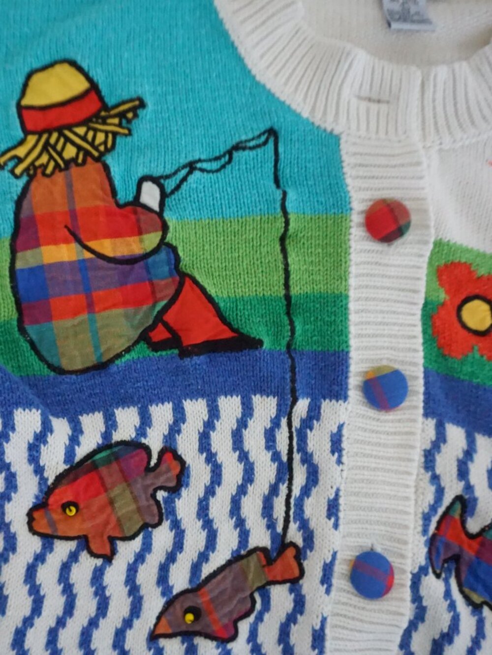 Vintage P Galli White Fishing Lake Cabin Scenic Fish Button Sailor Cardigan L - Picture 10 of 13